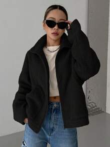 DAZY 纯色立领拉链夹克，女士深秋休闲补丁，口袋，拉链落肩领超大黑色纯色女士夹克，休闲日常穿着