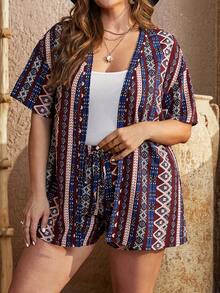SHEIN VCAY Kích thước lớn Họa tiết Hình học Kimono Áo khoác Và Bộ quần short - Màu Đỏ Sâu - Xem 6