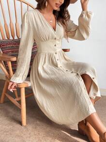 SHEIN VCAY Women's Single Breasted Lantern Sleeve Dress - Apricot - View 5