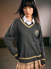 Harry Potter | ROMWE Sọc Cổ chữ V Áo chui đầu Áo len - Xám - Xem 4