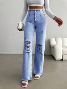 RueChic Jeans Mit Zerrissenem Und Knopfleiste - Babyblau - Übersicht 6