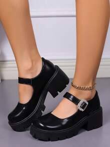 女性瑪麗珍鞋帶扣飾,坡跟高跟鞋和厚-黑色,合適的適用於四季 - 黑色 - 查看 2