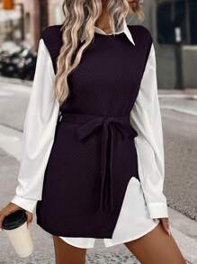 SHEIN Privé Belted Sweater Vest Without Blouse - Purple - View 4