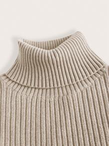 SHEIN BASICS 大碼1入組高領下擺開叉針織上衣 - 杏色 - 查看 7