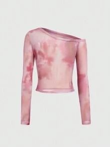 SHEIN Unity Women's Casual Tie-Dye Oblique Shoulder Fitted Long Sleeve Top, Autumn - Multicolor - View 2