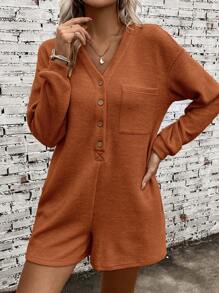 SHEIN LUNE 半排扣落肩袖連身短褲 - 鏽棕色 - 查看 5