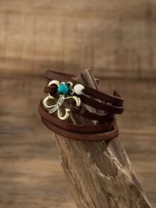 ROMWE Hippie 1pc Vintage Creative Style Multi-layer Braided Pu Leather Chain Bracelet With Rhinestone Butterfly Decoration - Coffee Brown - View 3