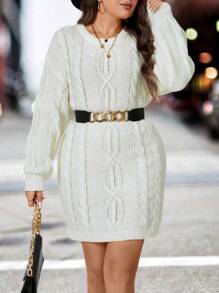 Calvaya Plus Cable Knit Drop Shoulder Sweater Dress Fall Cloth For Women - White - View 3