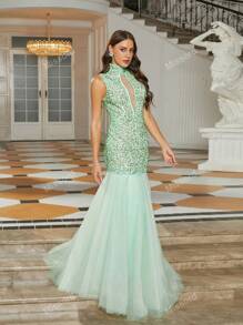 Missord Glitter & Mesh Mermaid Hem Evening Party Formal Dress