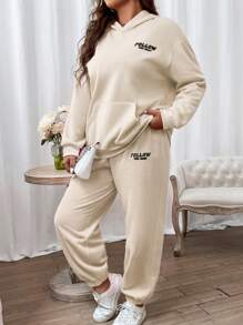 Flirla Plus Pouch Pocket Letter Graphic Hoodie & Joggers - Apricot - View 6