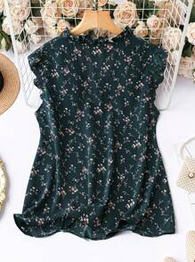 SHEIN Clasi Áo cánh xếp nếp họa tiết hoa nhỏ nhắn, mùa hè - Màu xanh lá cây đậm - Xem 2