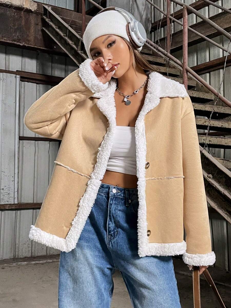 SHEIN Unity Women's Faux Shearling Lined Coat - Khaki - View 1