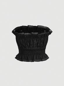 SHEIN MOD Shirred Trimmed Top - Black - View 2
