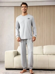 男士图案印花睡衣套装 / 睡衣套装 - 淺灰色 - 查看 3