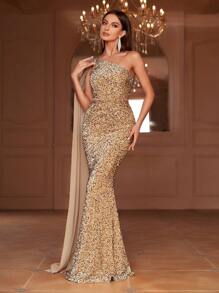 Faeriesty Elegant Shimmering Sequin Asymmetrical Neck Mermaid Gown – Perfect For Luxury Weddings, Evening Parties, Award Ceremonies, Black Tie Events, And Red Carpet Galas Party Dress Wedding Guest Dress Formal Dress Evening Dress