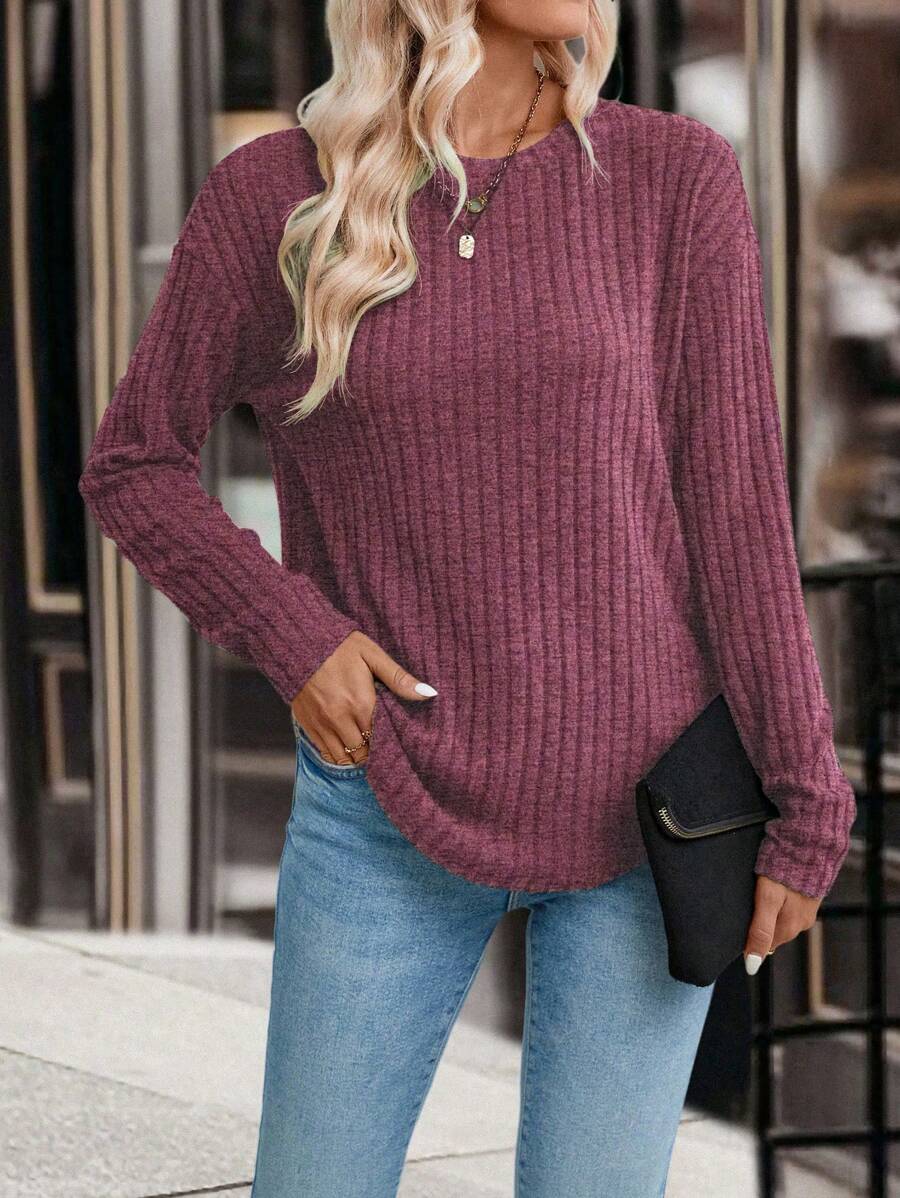 SHEIN LUNE 下垂肩肋編tee - 中紫紅色 - 查看 1