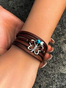 ROMWE Hippie 1pc Vintage Creative Style Multi-layer Braided Pu Leather Chain Bracelet With Rhinestone Butterfly Decoration - Coffee Brown - View 1