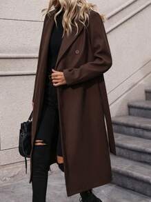 SHEIN Clasi 女士雙排扣腰帶羊毛外套 - 咖啡棕 - 查看 5