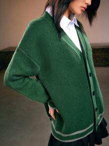 Harry Potter | ROMWE Casaco de Tricô de Ombros Caídos Solto com Brasão de Letra Bordado em Estilo Sonserina para Mulheres