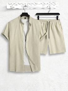 Manfinity Conjunto De Camisa De Mangas Cortas De Cuello Alto Y Pantalones Cortos De Diseño Con Cordón De Color Sólido Para Hombre - Albaricoque - Ver 4