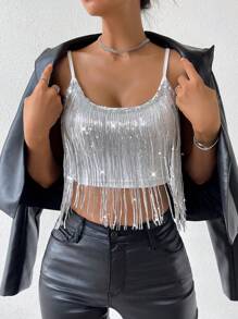 Allurite Sequin Fringe Trim Crop Cami Top - White - View 4