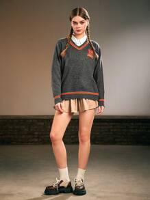 Harry Potter | ROMWE Stripe Trim Drop Shoulder Embroidered V Neck Sweater - Grey - View 3