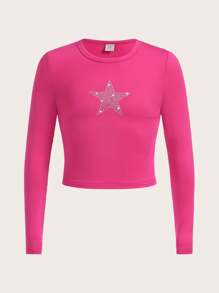 SHEIN 適用於春秋季的少女長袖珠星點綴圓領T卷 - 玫紅色 - 查看 1