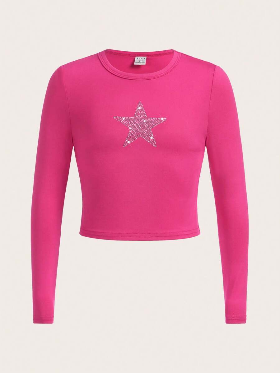 SHEIN 適用於春秋季的少女長袖珠星點綴圓領T卷 - 玫紅色 - 查看 1