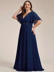 EVERPRETTY 优雅雪纺V领荷叶袖花卉伴娘礼服、正式晚礼服、婚礼宾客礼服 - 藏蓝色 - 查看 4