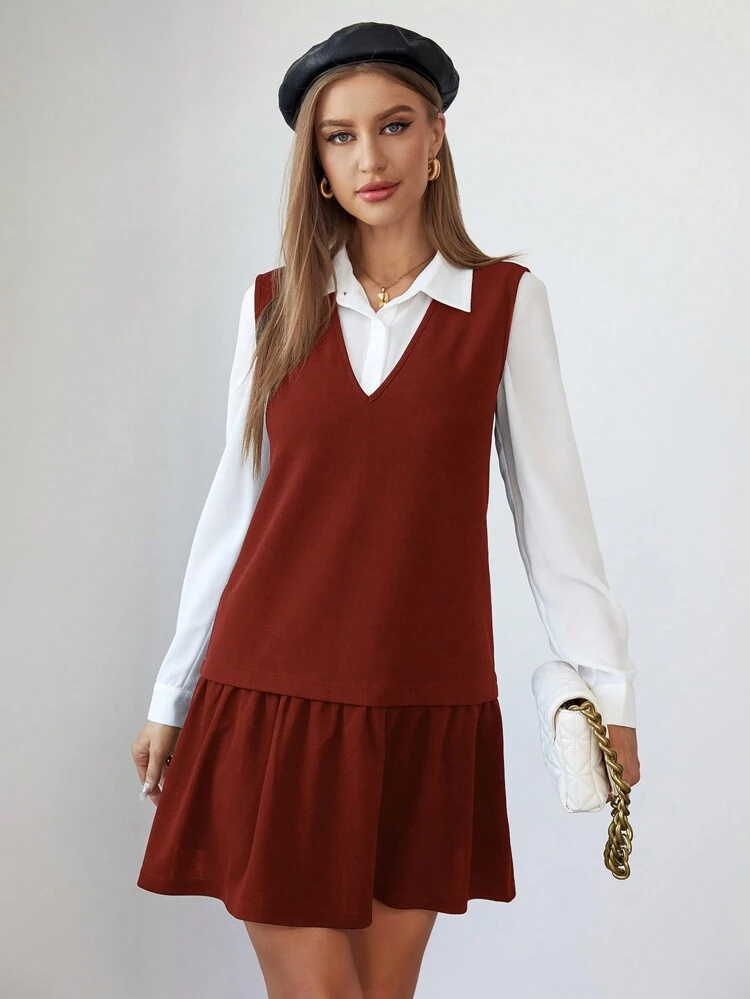 Solid Blouse & Ruffle Hem Dress