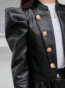 SHEIN Leap Crew Tween Girls' Oversized 3D Faux Pearl Embellished Sleeve Panel Jacket - Multicolor - View 8