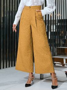 SHEIN Privé 斜口袋紋理寬褲 - 卡其色 - 查看 4