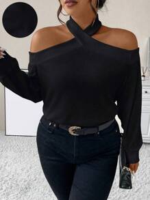 Celure Plus Size Women's Halter Sweatshirt With Strap Neck Design - Black - View 1