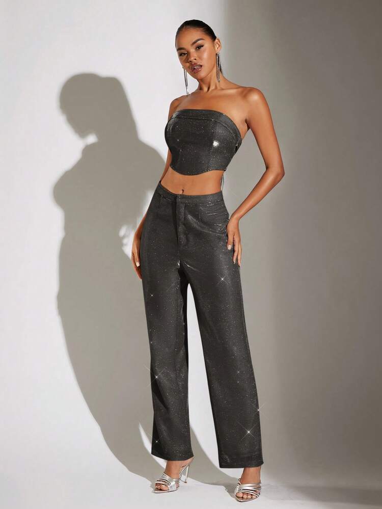 Women's Strapless Asymmetrical Hem Top And Pants Set