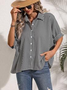 SHEIN LUNE Striped Print Batwing Sleeve Shirt - Black and White - View 4