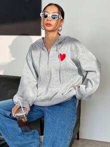 SHEIN Unity 愛心圖案落肩袖抽繩連帽衫 - 灰色 - 查看 1