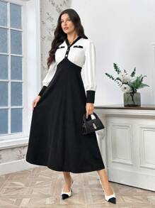 SHEIN Privé 女款 V 領黑白拼色 A 字長袖連身裙