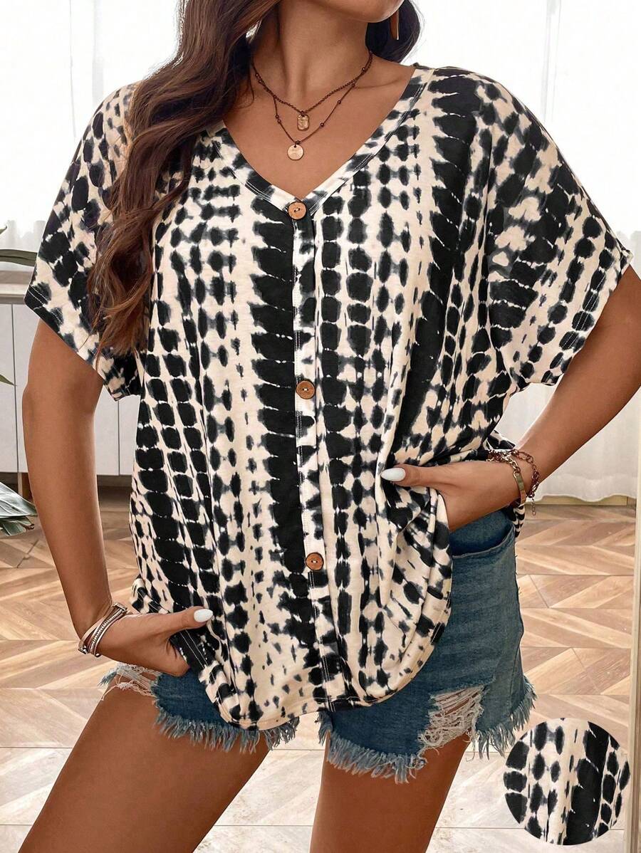 Casual V-Neck Loose Knit Printed Cardigan T-Shirt, Summer Graphic Tees Women Tops - Multicolor - View 1