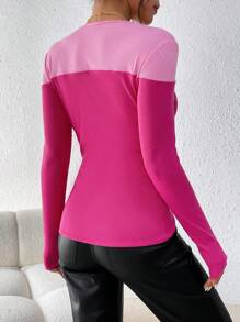 SHEIN Privé Khối màu Vòng cổ Tay áo dài Áo thun - Nhiều màu - Xem 3
