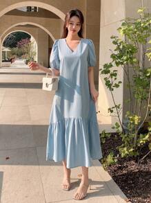 DAZY 泡泡袖荷叶边下摆罩衫连衣裙太阳裙 - 藍色 - 查看 7