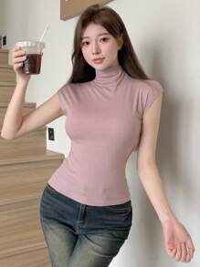 DAZY Áo thun nữ tay ngắn cổ tròn trơn màu, trang phục mùa thu thời trang thanh lịch - Hồng - Xem 3