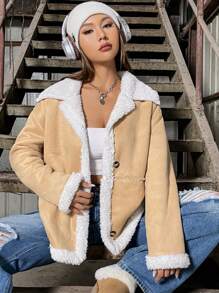 SHEIN Unity Women's Faux Shearling Lined Coat - Khaki - View 6