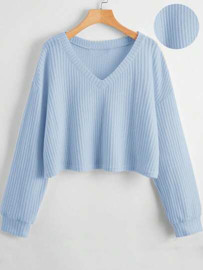 قميص كاجوال بياقة على شكل حرف V وأكمام طويلة مناسب للمقاسات الكبيرة للنساء، مريح للتنقل واللبس اليومي، باللون الأزرق