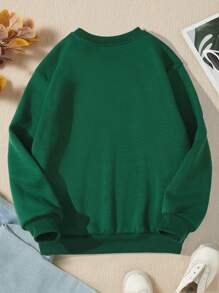 SHEIN Sudadera de forro polar para niña preadolescente con estampado de letras y corazones - Verde Oscuro - Ver 2