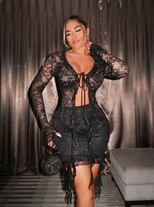 SHEIN SXY Lace-Up Lace Top And Skirt Set Sexy Outfits Club Women Co-Ords Birthday Outfit
Spring Women Clothes
Prom Dress
Valentine Day Dress 
Date Night Dress 
Bachelorette Party - Black - View 5