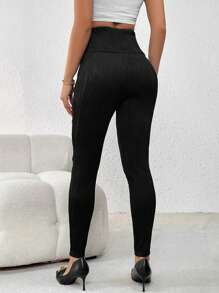 SHEIN Privé Women's Double Breasted Long Pants - Black - View 2