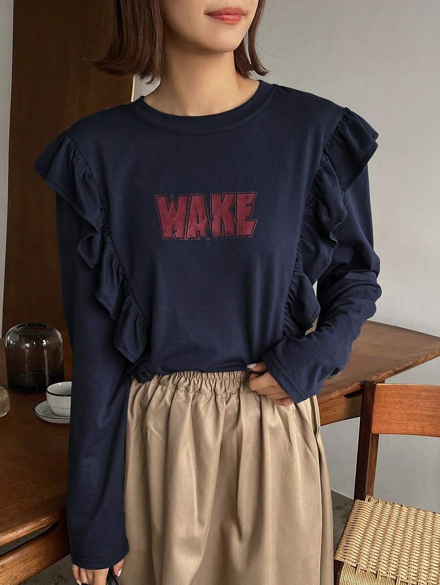 FRIFUL Women's Casual Blue Letter Printed T-Shirt,Ruffle,Graphic Tees Long Sleeve Women Tops - Navy Blue - View 1