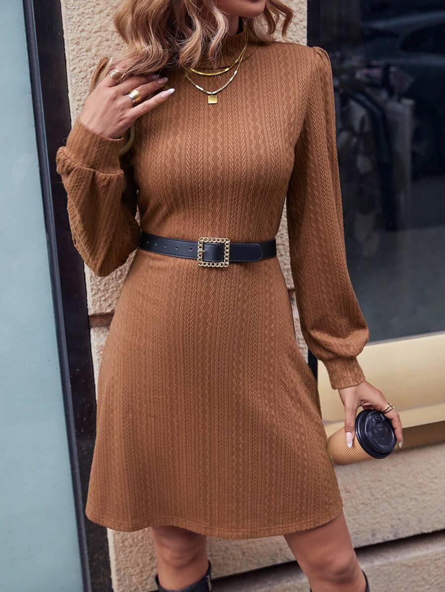 Chiquease Solid Lantern Sleeve Dress Without Belt - Coffee - View 1