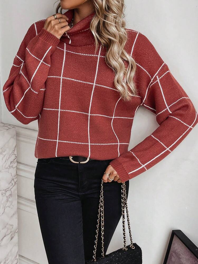 Women's Plaid Turtleneck Knit Pullover Fall Winter Sweater