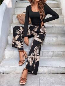 SHEIN VCAY 女性熱帶印花連身褲 - 黑色 - 查看 1